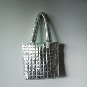 Clinique Puffer Tote Bag Lined Metallic Silver Quilted Green Large Shiny 15"